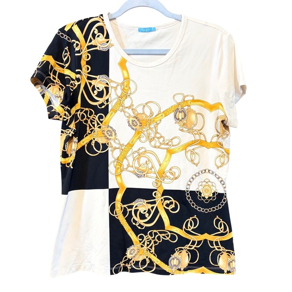 J.McLaughlin Womens Gold Chain‎ Link Equestrian Print Short Sleeve Tee Black L